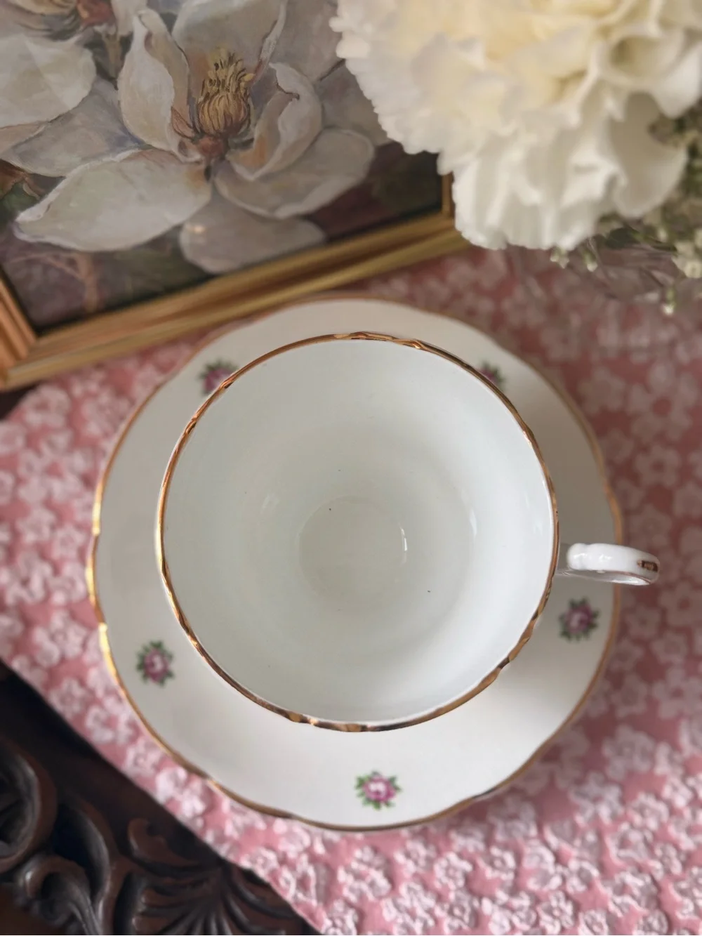White Porcelain Teacup & Saucer Set with Pink Rose Accents